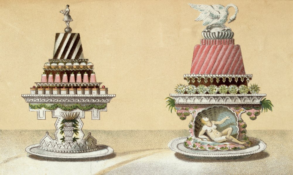 Design för presentationen av Charlottes a la Reine & Pain de Framboises a la Leda, illustration från en ungersk kokbok om fransk matlagning, ca 1880 av Hungarian School