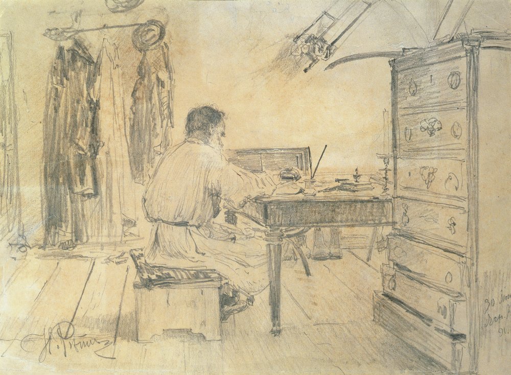 Leo Tolstoj (1818-1910) i sin arbetskammare, 1891 av Ilya Efimovich Repin
