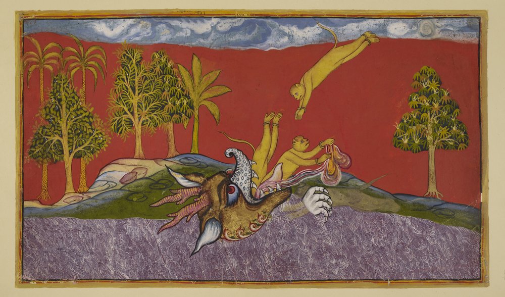 Lägg till 15296 (2) f.87r, Hanuman dyker in i munnen på demonin Siṃhika av Indian School