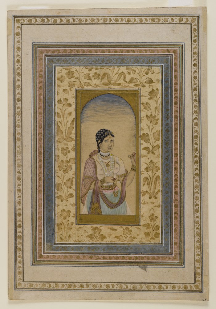 Courtesan in a Window, 1700-tal (tvättar av wc, guld och bläck på papper) av Indian School