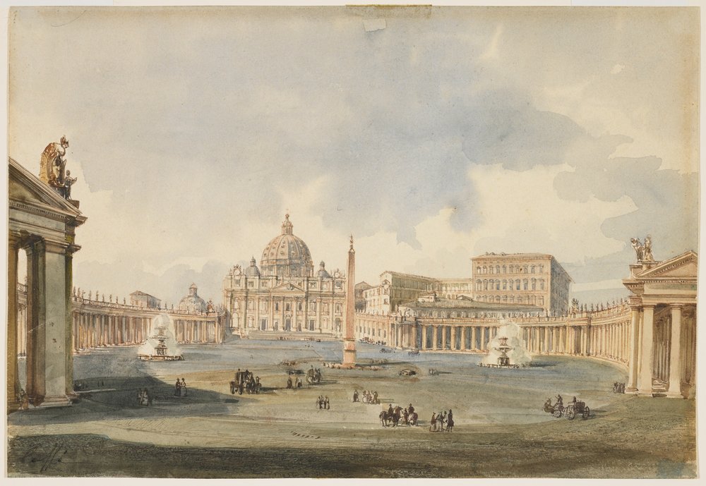 Vy över Petersplatsen och Peterskyrkan i Rom, omkring 1846 av Ippolito Caffi