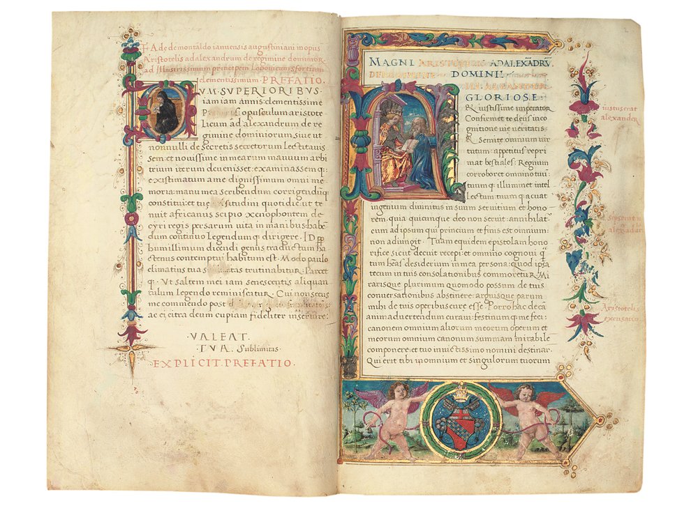 PSEUDO-ARISTOTLE, Secreta secretorum; "MARDOCHEUS IUDEUS", Epistola ad Alexandrum de cognitione veri dei; ADAM DE MONTALDO (fl. ca 1450-1495), Divinitus prolata iudicia sive premonita; Quedam alia summatim posita iudicia, Rom, ca 1490 (bläck och färg på ve av Italian School