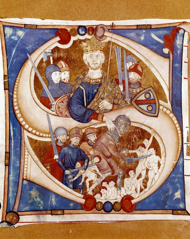 Barnamorden i Betlehem: kung Herodes I den store (73-4 f.Kr.) beordrar en företrädare att massakrera de nyfödda i Betlehem. Illuminerad initial ur ett manuskript från den umbriska skolan. 1300-talet. Città di Castello, Biblioteca Civ av Italian School