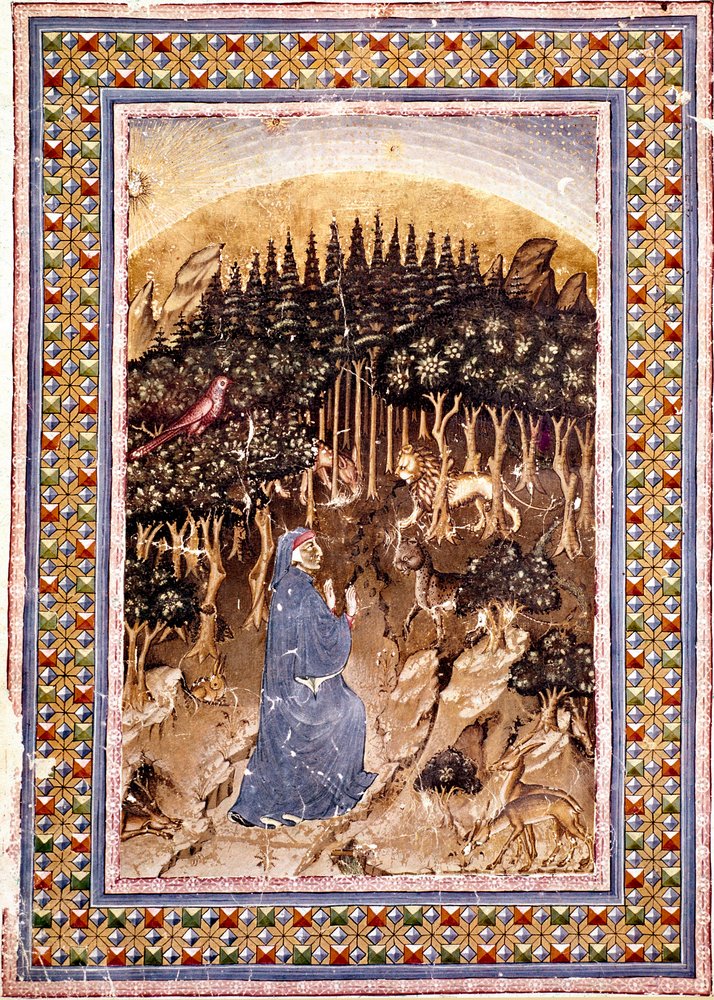 Poeten Dante befinner sig i en mörk skog. Den upplysta sidan av den första helvetets sång kommer från "Divina Commedia" (gudomlig komedi) av Dante Alighieri (1265-1321). Manuskript Ms. Conv. Soppr. 204 av Italian School