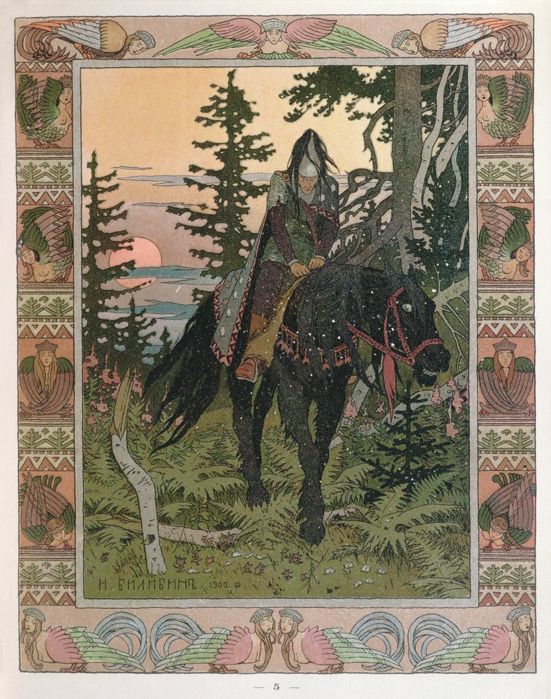 Den svarta ryttaren, en episod ur den ryska sagan ”Vasilisa den sköna”, 1900 av Ivan Yakovlevich Bilibin