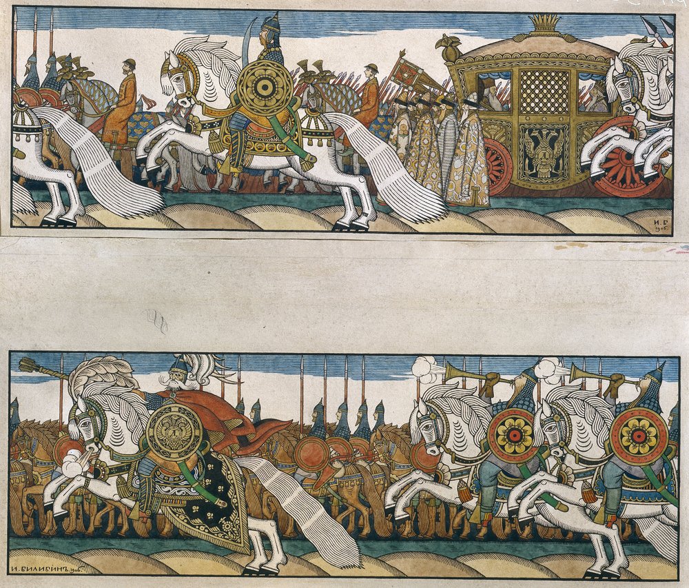Tsar Dadons armé. Illustration till sagan Den gyllene tuppen av Aleksandr Pusjkin (1799-1837). Verk av Ivan Yakovlevich Bilibin (Bilibine) (1876-1942) av Ivan Yakovlevich Bilibin