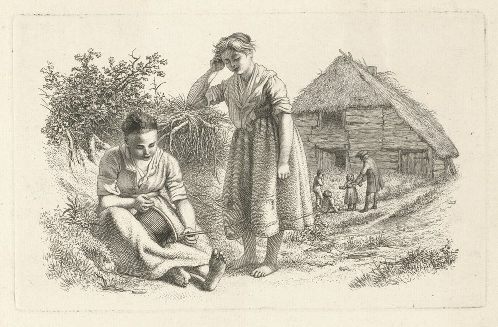 Två kvinnor och en man med barn framför en lada Studietryck / Etudes gravées (serietitel) av Jacob Ernst Marcus