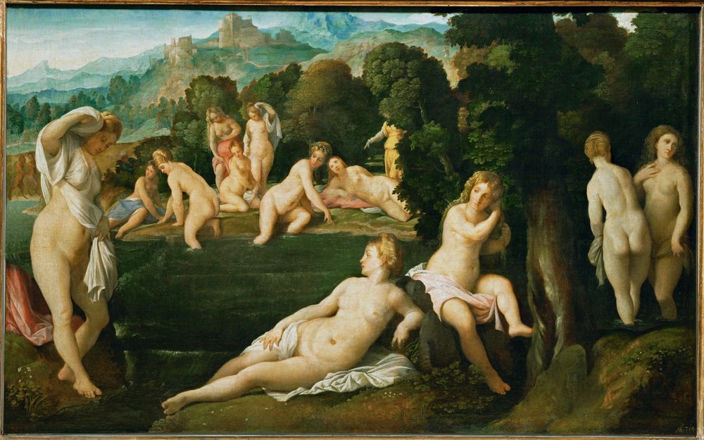 Diana upptäcker nymfen Callistos graviditet (målning på duk) av Jacopo (c.1480-1528) Palma