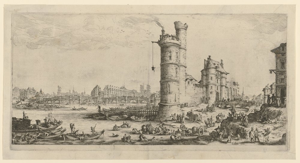Vy över Pont Neuf, blad ur serien "Två stora vyer över Paris" av Jacques Callot
