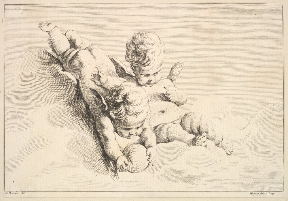 Two Cupids, One Holding a Ball, mitten till slutet av 1700-talet. av Jacques Gabriel Huquier