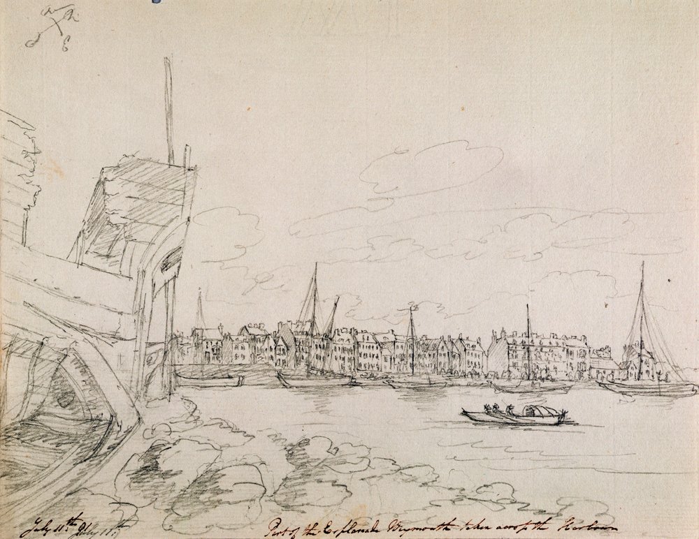 En del av Esplanaden vid Plymouth tagen över hamnen, 1791 (bläck på papper) av James Moore