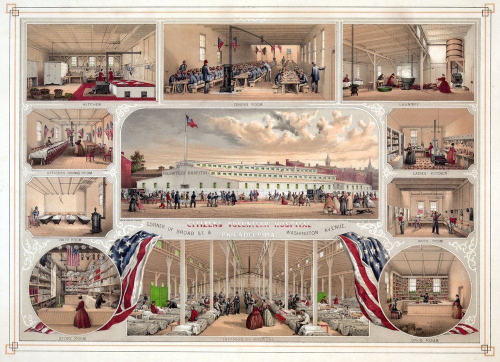 Affisch för Citizens Volunteer Hospital, Philadelphia, pub. 1862 av James Fuller Queen