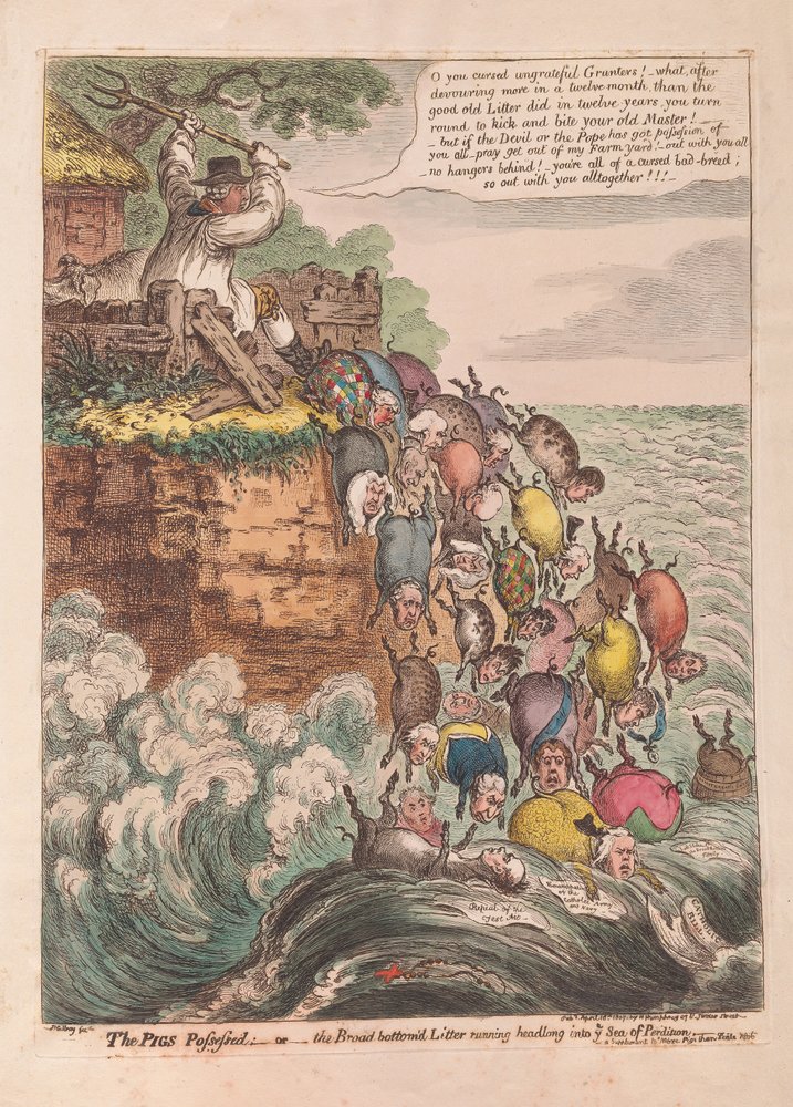 The Pigs Possessed: eller den bredbottnade kullen som springer huvudstupa in i havet av fördärv, pub. 1807 (handfärgad gravyr) av James Gillray