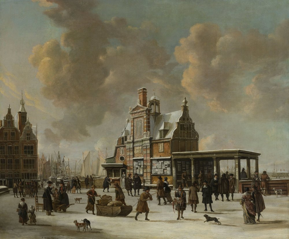 Paalhuis och Nieuwe Brug, Amsterdam, på vintern av Jan Abrahamsz. Beerstraten