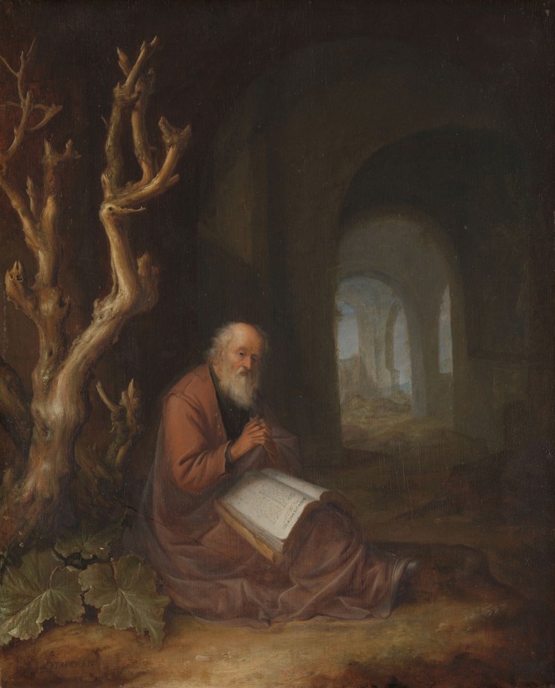 En eremit som ber i en ruin av Jan Adriansz van Staveren
