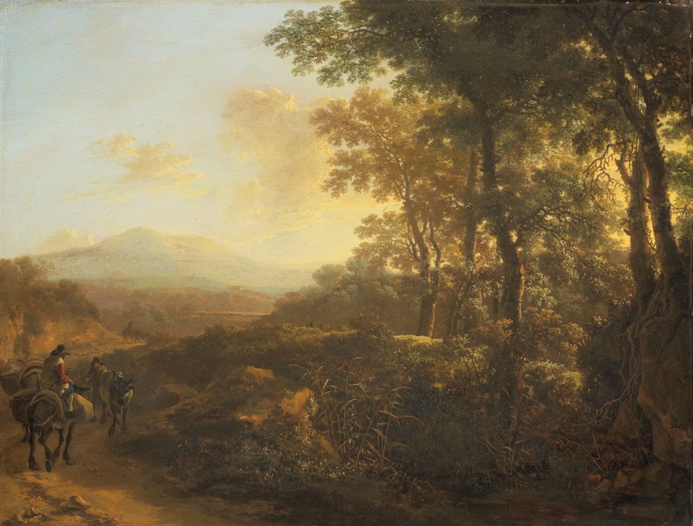 Italienskt landskap med mulåsnedrivare, ca 1645-1650 (olja på pannå) av Jan Both