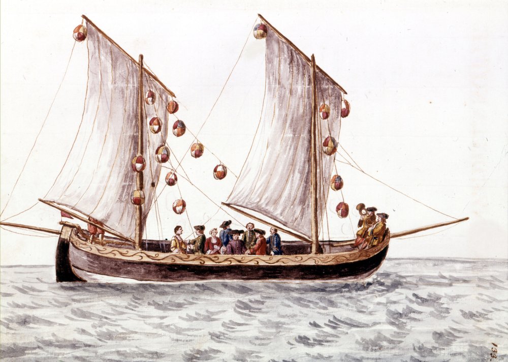 En venetiansk trabac med lyktor, fiskebåt som används i grunda vatten som Adriatiska havet, akvarellteckning och tusch från manuskriptet "" Venitianernas seder"" av Jan van Grevenbroeck (eller Giovanni Grevembroch (Grevenbroch) (1731-1807) av Jan van Grevenbroeck