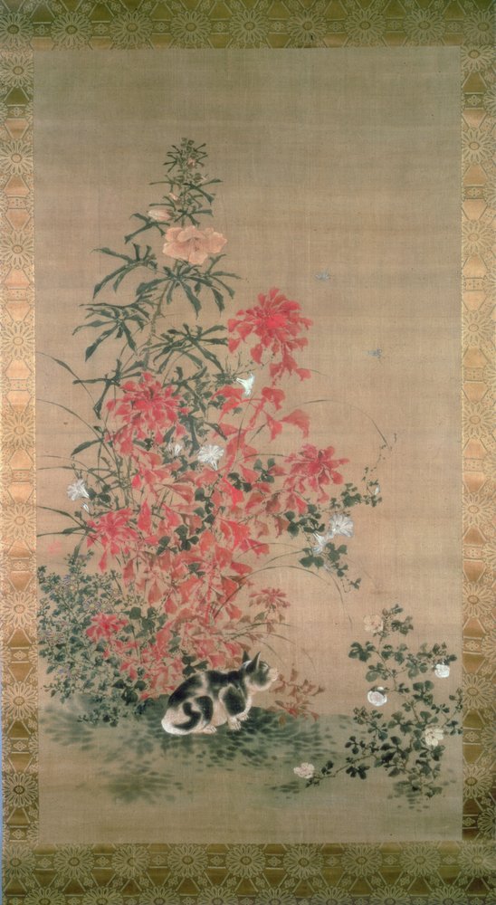 Katt bland blommor (bläck och färger på siden) av Japanese School