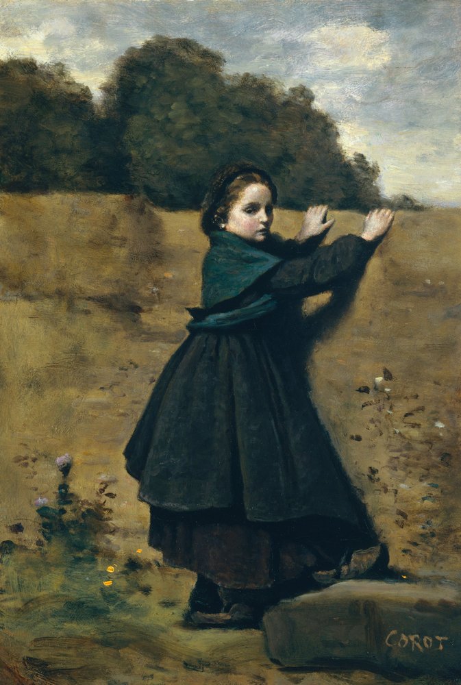 The Curious Little Girl, 1860-64 (olja på kartong, nedlagd på trä) av Jean-Baptiste-Camille Corot