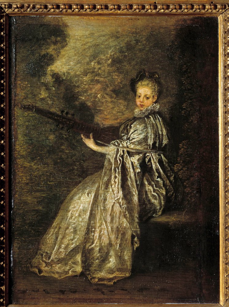 Finette tjejen spelar ett strängmusikinstrument. Målning av Jean Antoine Watteau (1684-1721) 1700-talets sön. 0,25x0,19 m av Jean-Antoine Watteau