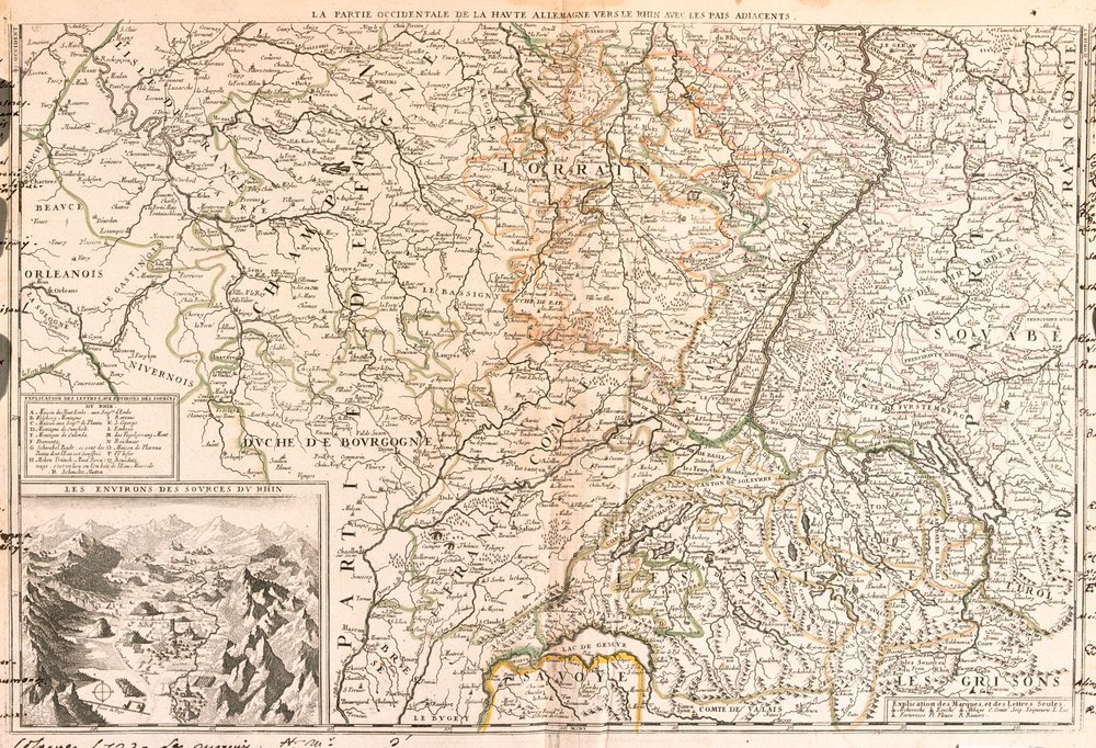 Karta över området kring Rhen (Tyskland, Schweiz, Frankrike) av Jean-Baptiste Nolin