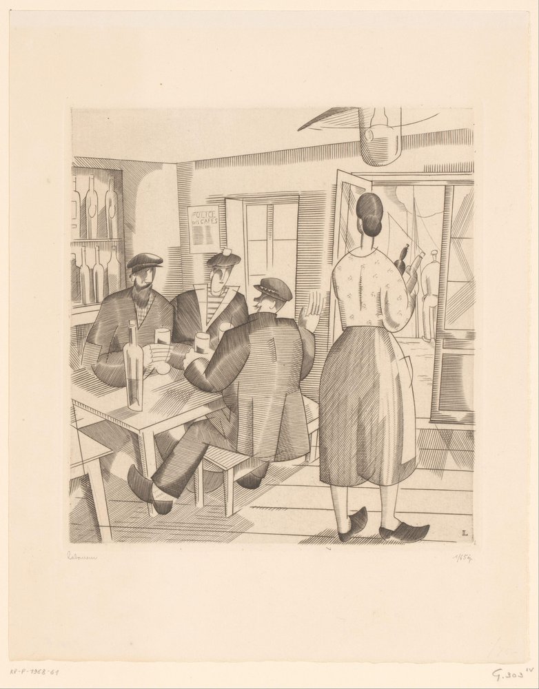 Caféinteriör med kunder och servitris Cabaret Vendeen av Jean Emile Laboureur (signed by artist)
