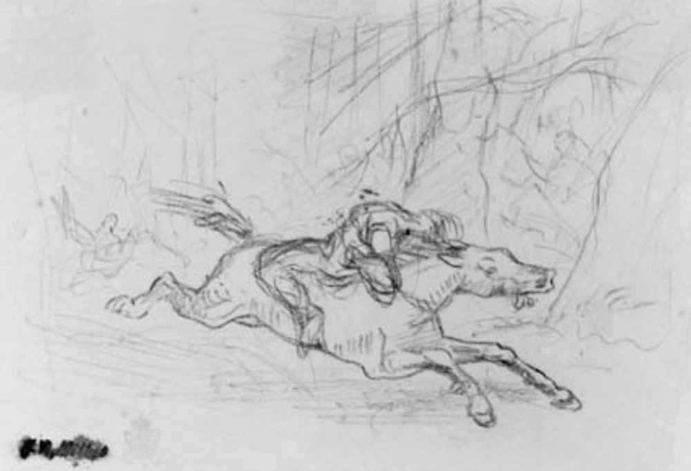 Bakifrån man på vild häst i en skog. Simon Butler av Jean-Francois Millet