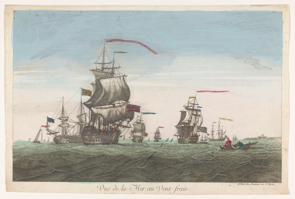 Havsutsikt med fartyg och båtar i vinden Vue de la mer au vent frais (titel på objekt) av Jean François Daumont