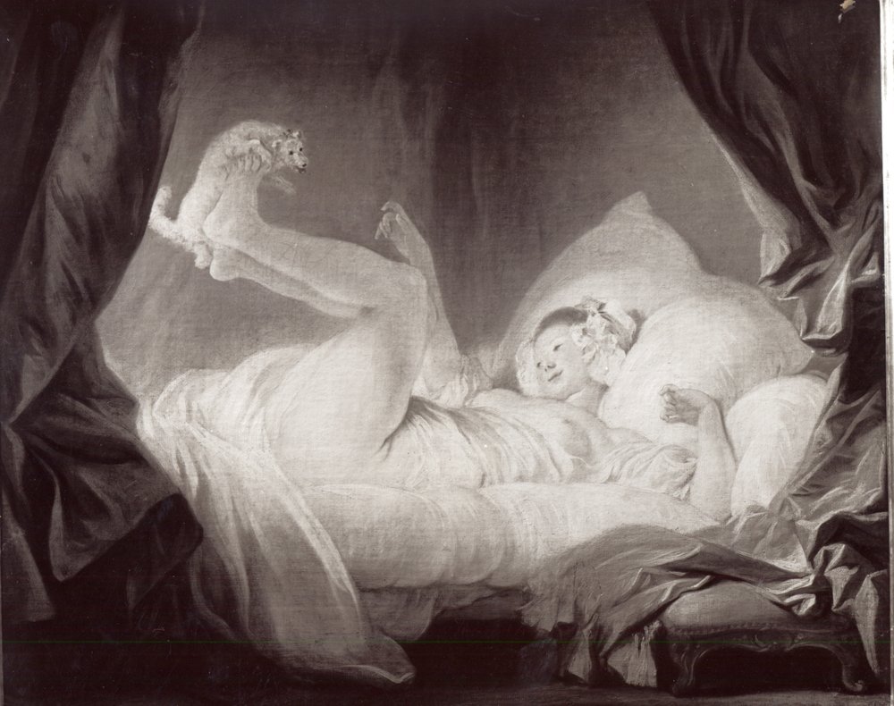 La Gimblette eller ung flicka som får sin hund att dansa på sin säng (olja på duk) (s/v foto) av Jean-Honore Fragonard