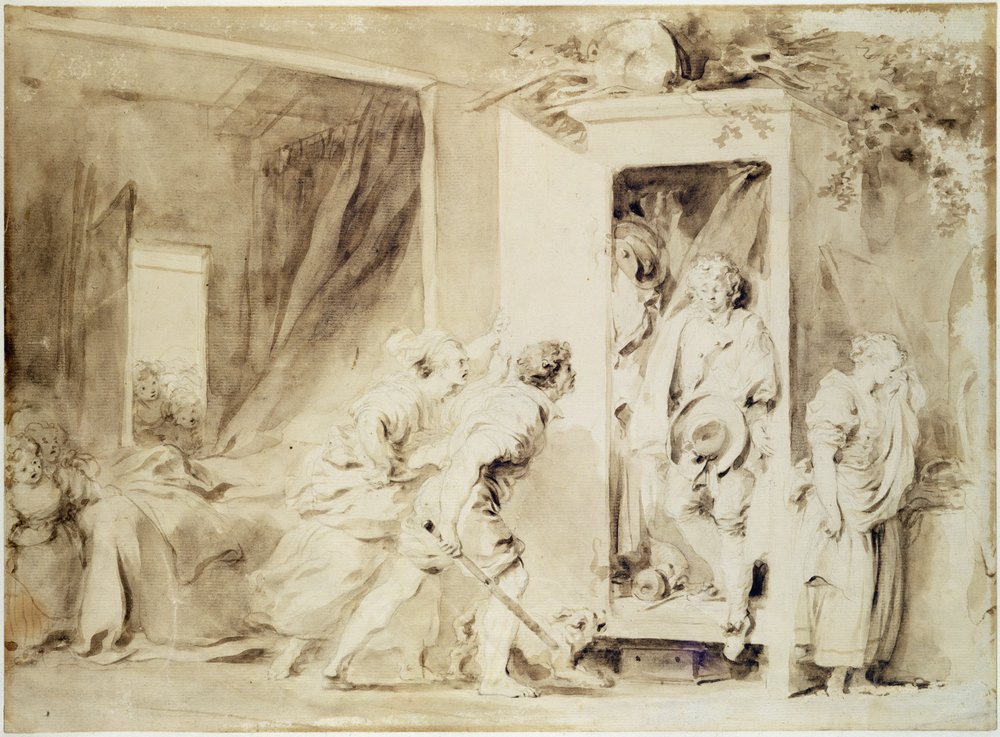 The Surprised Lover, 1755 (brun penna över krita preliminär ritning) av Jean-Honore Fragonard