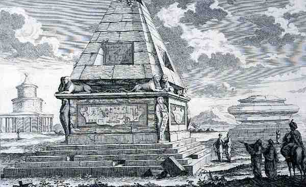 Gravar nära Kairo, Egypten, från "Drafting a Historic Architecture" av Johann Bernhard (after) Fischer von Erlach