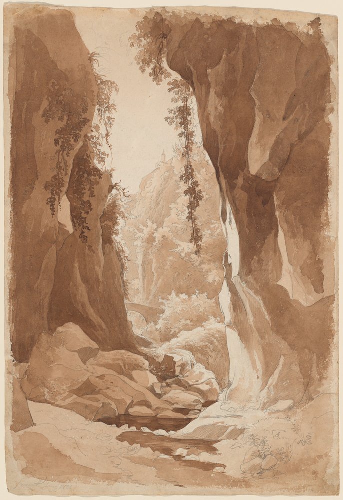 Klippor som hänger över en flodravin nära Sorrento (recto) av Johann Joachim Faber