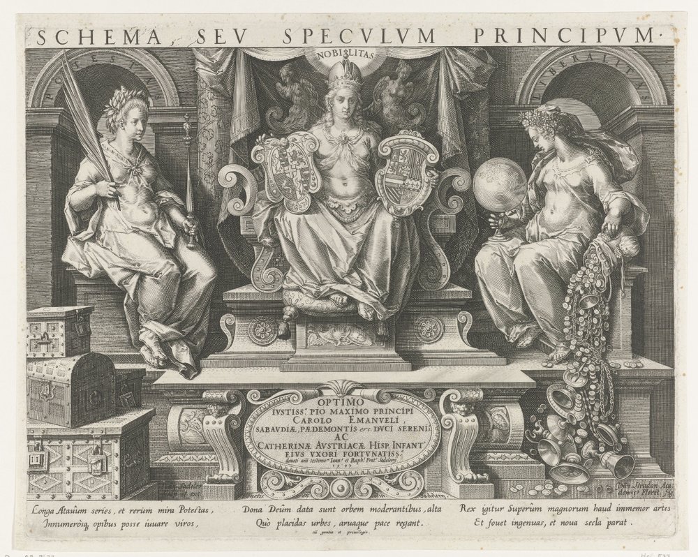 Authority (Potestas), Prestige (Nobilitas) och Benevolence (Liberalitas) Titeltryck för en serie om en prinss egenskaper Principal Occupations of a Prince (serietitel) Schema, seu speculum principum (serietitel) Schema, sev specvlvm av Johann Sadeler (I)