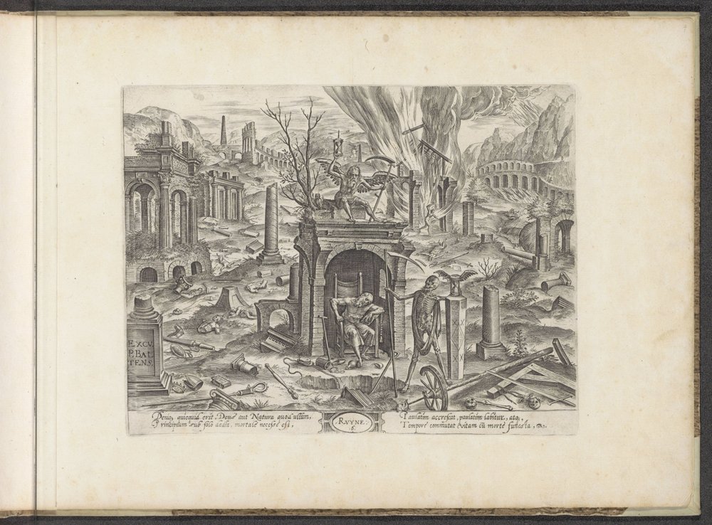 Ålder från 80 år till döden; ruinen 5. Ruyne (titel på objekt) Six Ages of Man / Six Building Orders (serietitel) Theatre Vitæ Humanæ (serietitel) av Johannes Wierix