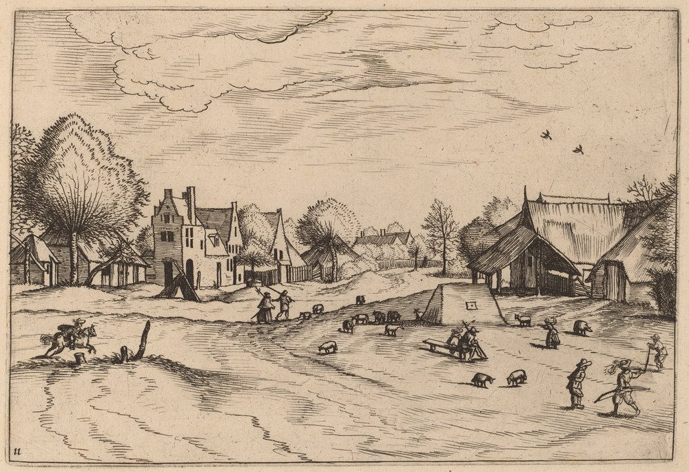 Landsby med får och sittande herde av Johannes van Doetechum, the Elder and Lucas