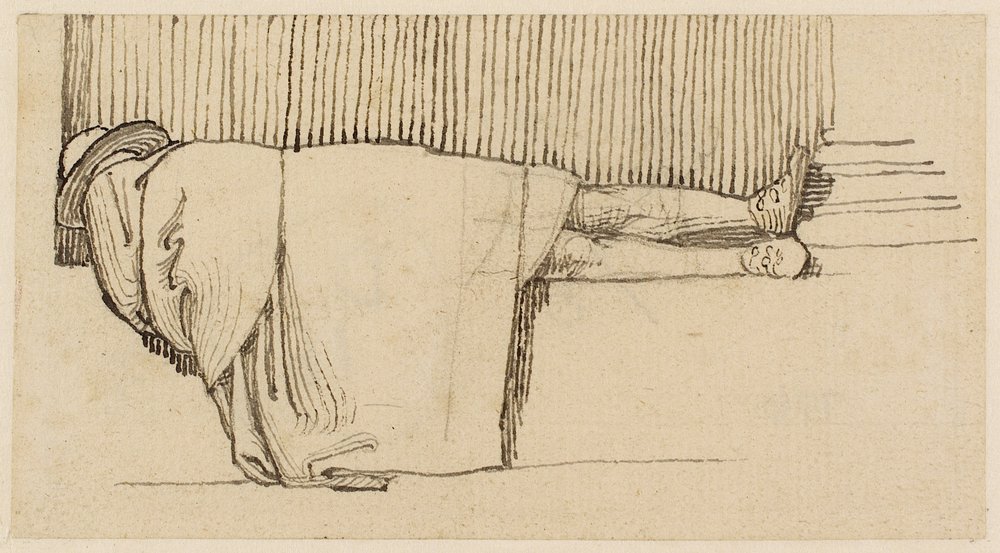 En man i en mantel sover på sockeln i en byggnad (penna, penna och bläck på papper) av John Flaxman