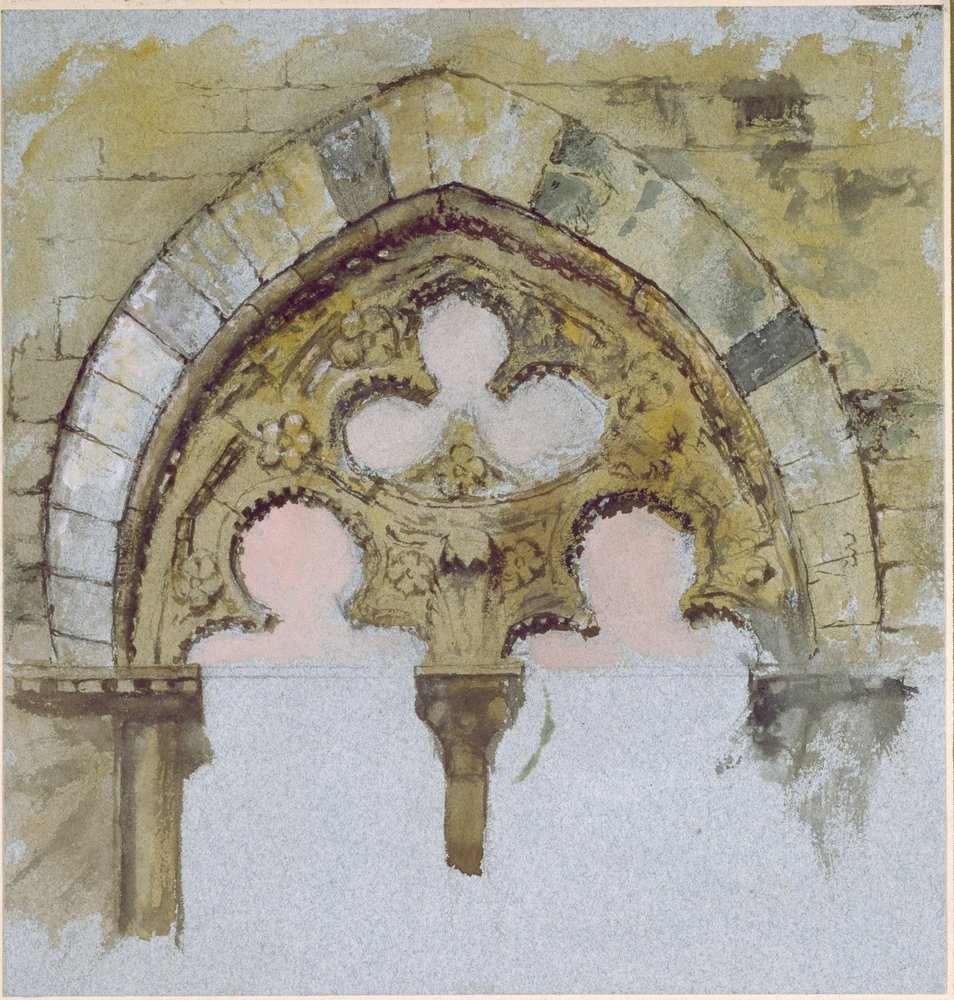 Ett fönster i Palazzo Tolomei, Siena, där man kan se den grova och osymmetriska placeringen av massiga stenar, 25-27 juni 1870 (akvarell och bodycolour över grafit på blått papper) av John Ruskin