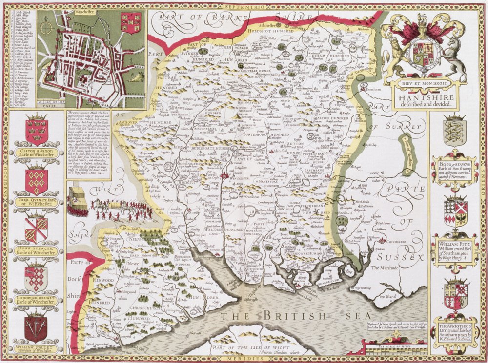 Hantshire, graverad av Jodocus Hondius (1563-1612) från John Speeds "Theatre of the Empire of Great Britain", pub. av John Sudbury och George Humble, 1611-12 (handfärgad kopparstick) av John Speed