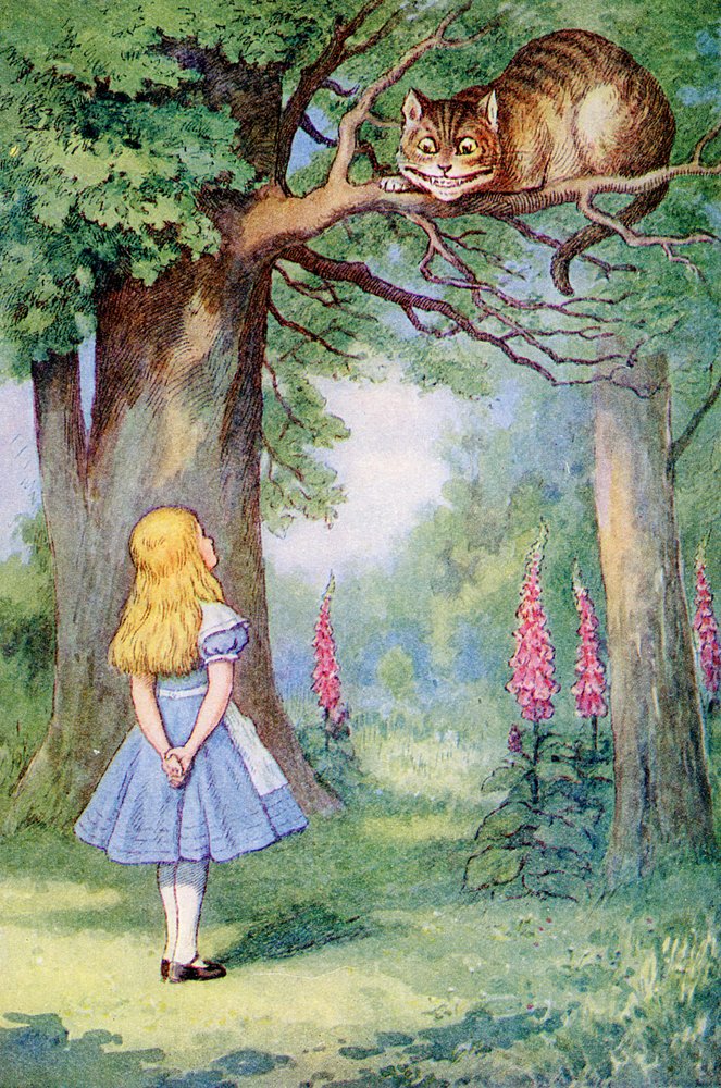 Alice och Cheshire-katten, illustration från "Alice i underlandet" av Lewis Carroll (1832-98) av John Tenniel