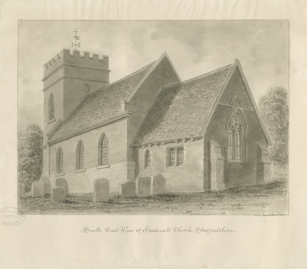 Fradswell Church: sepiateckning av John Chessell Buckler