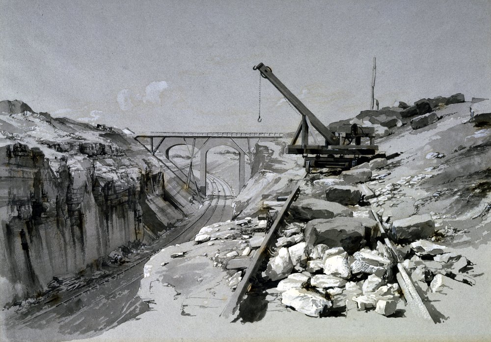 Blisworth Cutting, Northamptonshire, från ovan, 2 juli 1837 (penna & bläck och tvätt på papper) av John Cooke Bourne