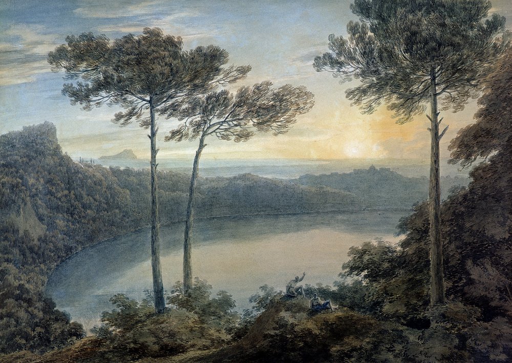 Lake Albano och Gandolfo Castle (akvarell på papper) av John Robert Cozens