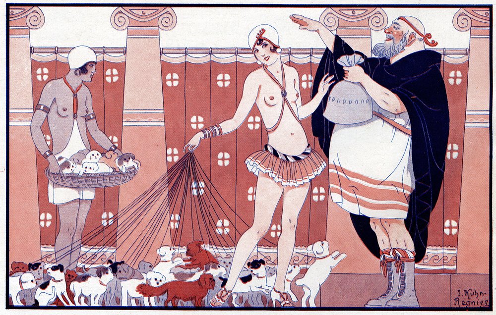 Three Prix Féminins - Pris av lilla gamla mormor från en stor familj - illustration från la Vie Parisienne 1919 av Joseph Kuhn-Regnier