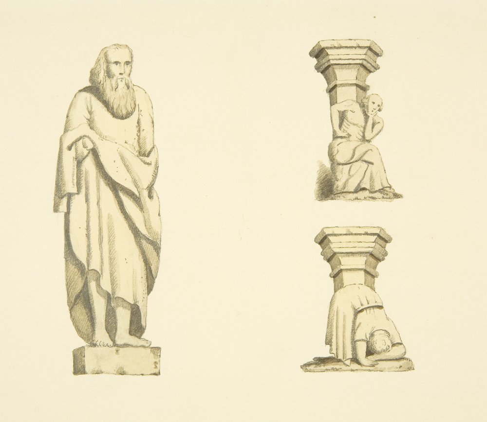Figur och två takstolar i nischer av Tower of St Mary Redcliffe (akvarell på papper) av Joseph Manning