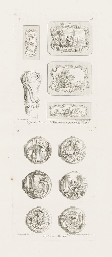 Differents desseins de Tabatières, et pomme de canne, cinquième planche (Different Designs for Snuff... av Juste-Aurèle Meissonnier
