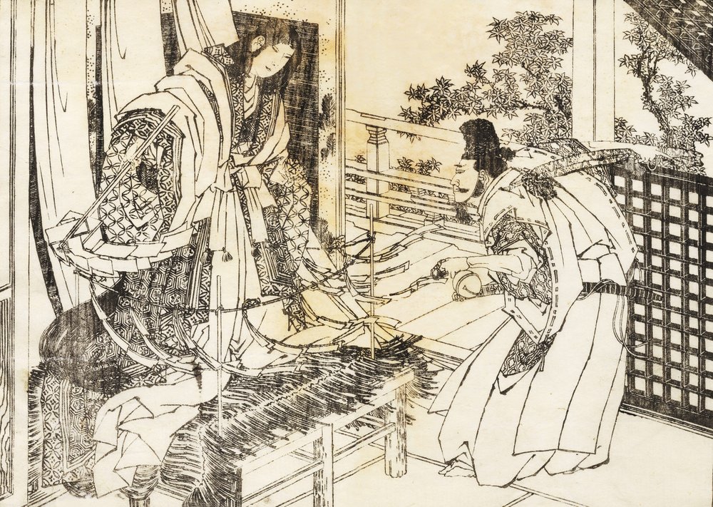 A woman in shinto shrine has a stick with a lot of paper leaves av Katsushika Hokusai