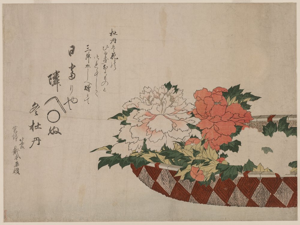 Korg med pioner, 1810 eller 1814. av Katsushika Hokusai