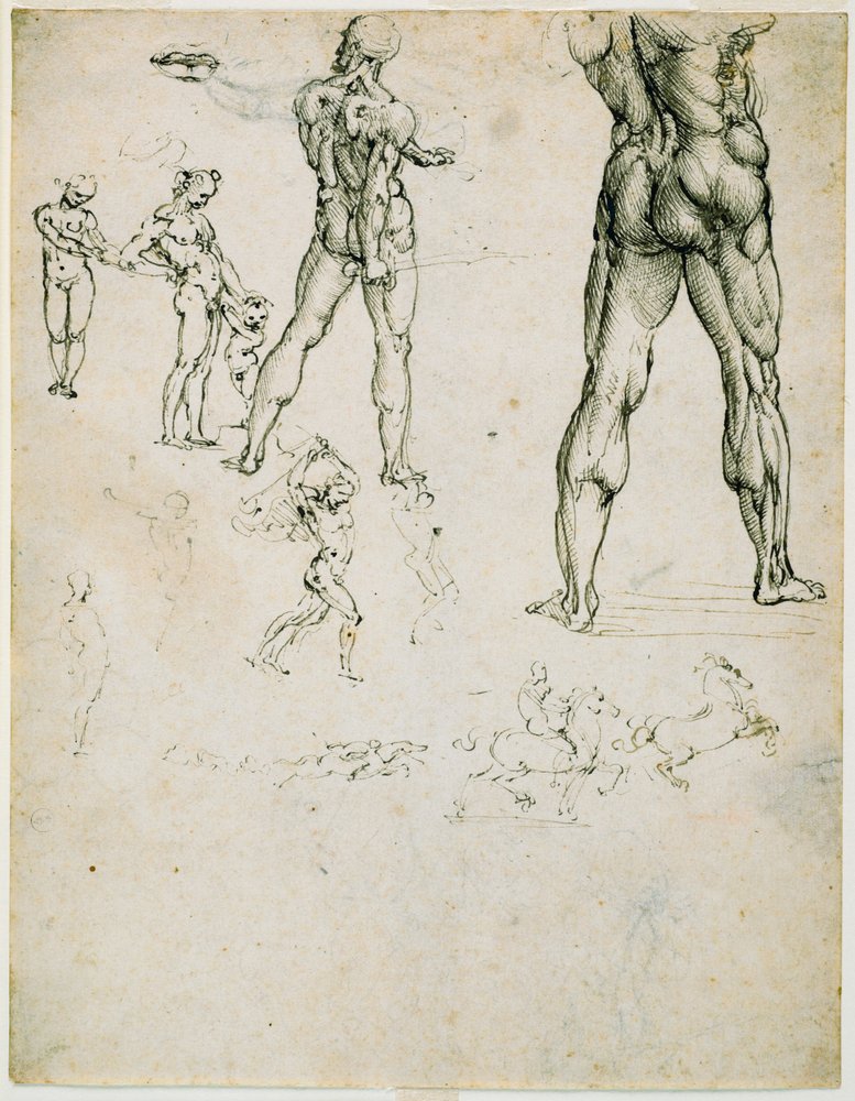 Nudi, för "Slaget vid Anghiari" och andra figurstudier, ca. 1505 (penna och brunt bläck, spår av kol på papper) av Leonardo da Vinci