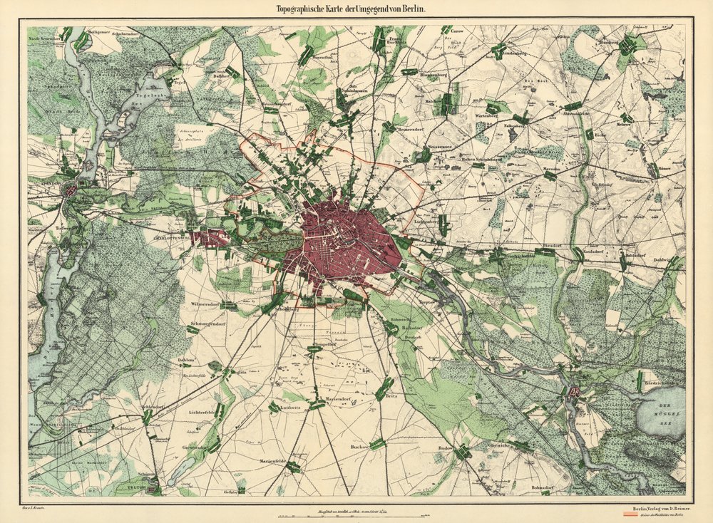 Karta över Berlin, utgiven av D. Reimer Verlag, Berlin, 1871 (färgstick) av Leopold Kraatz