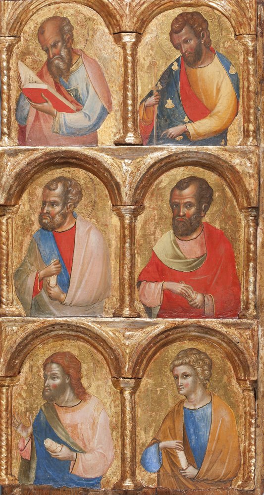 Detalj av Madonna och barn med änglar, korsfästelsen och tolv apostlar eller heliga, ca 1360 tempera på panel av Lorenzo Veneziano